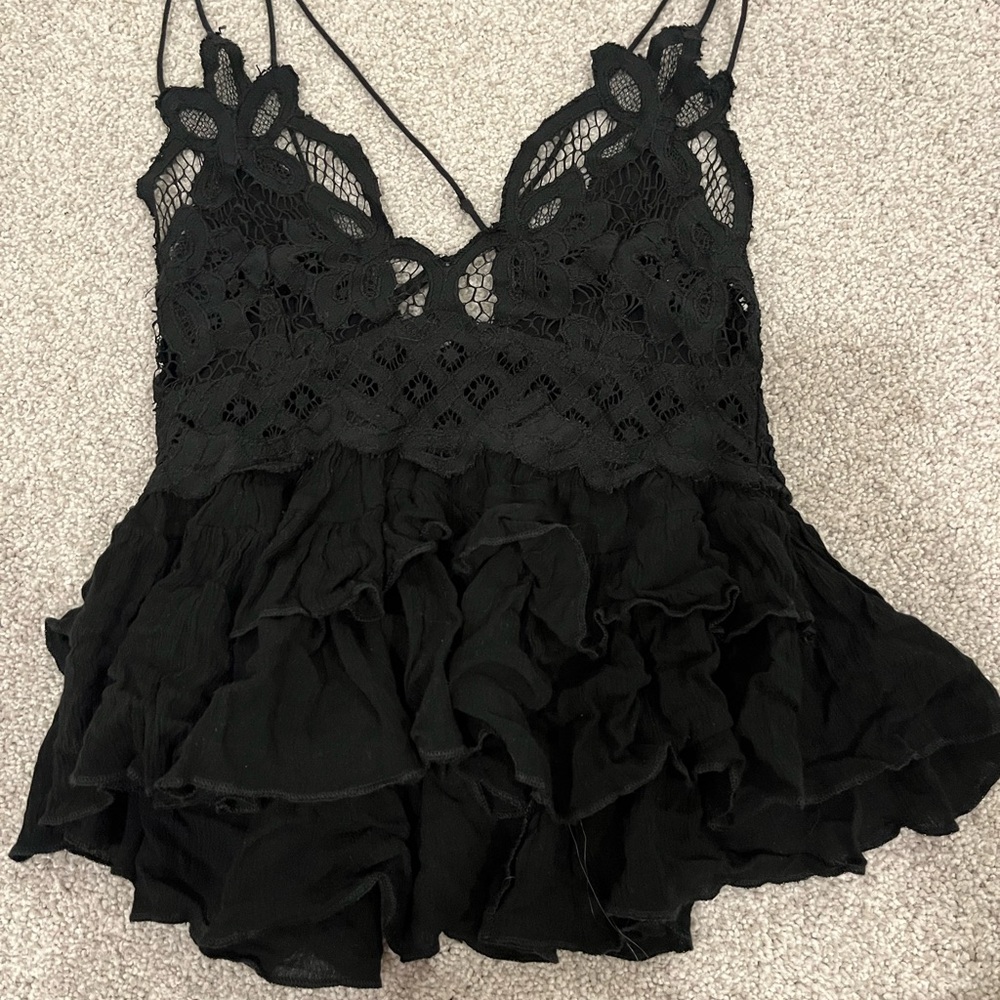 Free People Black Lace Ruffle Tank Top
